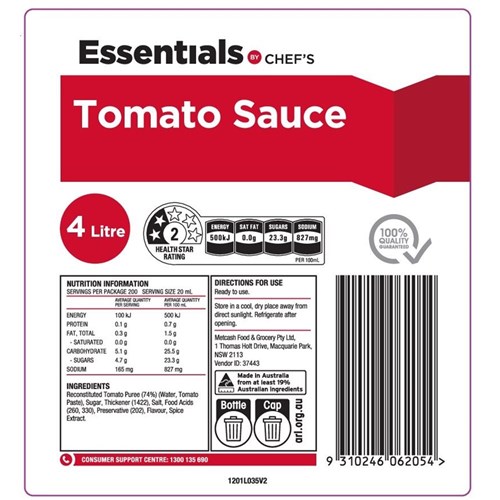 SAUCE TOMATO 4LT(3) # 1101310 ESSENTIAL BY CHEF