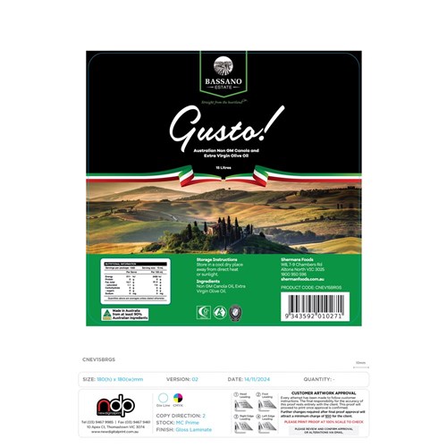 OIL CANOLA OLIVE OIL BLEND BIB 15LT # 9343592010271 GUSTO RIVERINA
